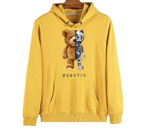 Herren-Hoodie mit Teddy-Roboter-Print, Kapuze und Kängurutasche in Gelb