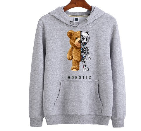 Herren-Hoodie mit Teddy-Roboter-Print, Kapuze und Kängurutasche in Grau