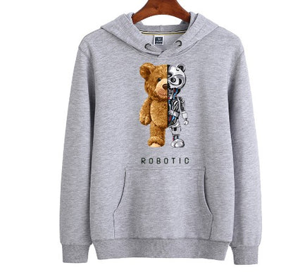 Herren-Hoodie mit Teddy-Roboter-Print, Kapuze und Kängurutasche in Grau