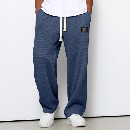 Herren-Hose mit Waffelstruktur, Kordelzug und geradem weitem Bein für Freizeit und Alltag in Blau
