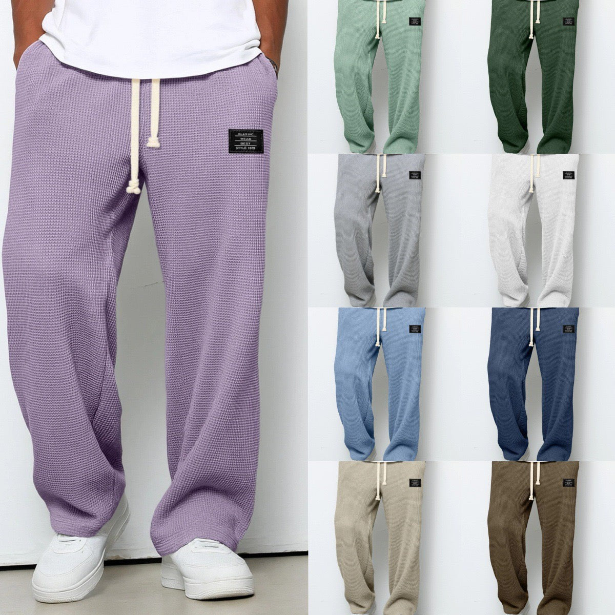 Herren-Hose mit Waffelstruktur, Kordelzug und geradem weitem Bein für Freizeit und Alltag, Ansicht 12
