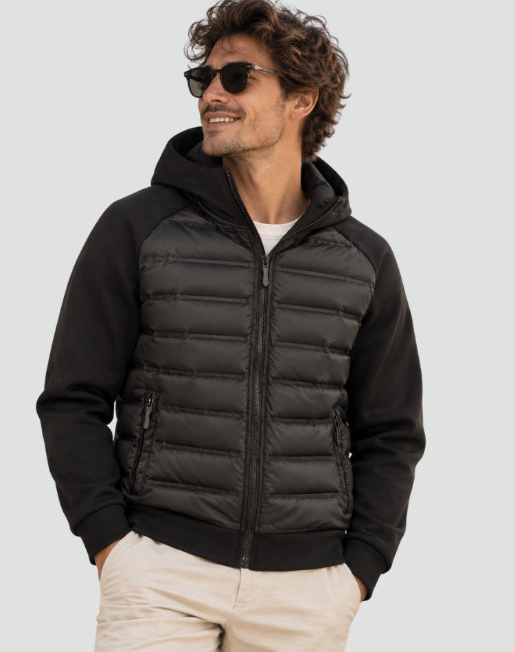 Herren-Hybridjacke mit gestepptem Vorderteil, Kapuze und Reißverschlusstaschen für den Winter, Ansicht 3
