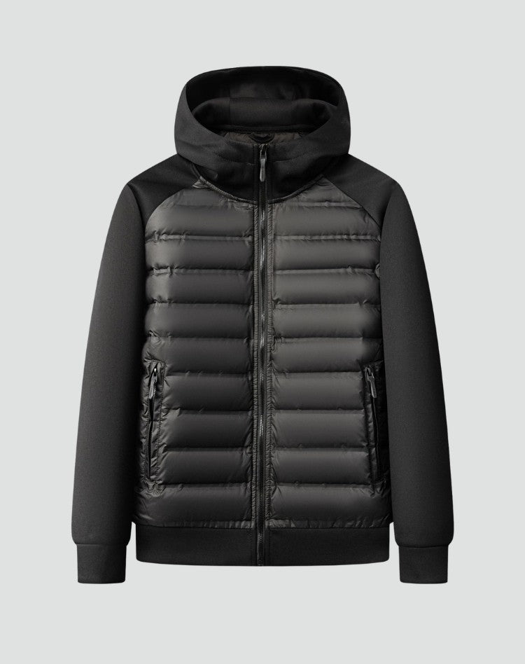 Herren-Hybridjacke mit gestepptem Vorderteil, Kapuze und Reißverschlusstaschen für den Winter in Schwarz