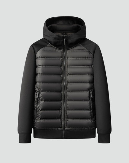 Herren-Hybridjacke mit gestepptem Vorderteil, Kapuze und Reißverschlusstaschen für den Winter in Schwarz