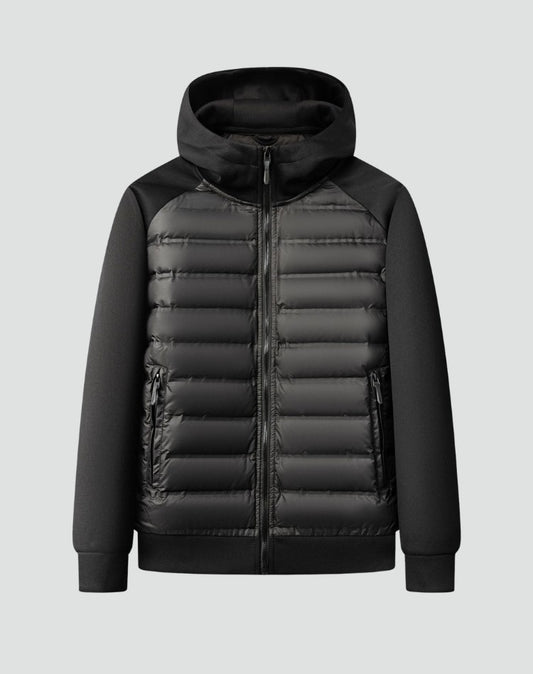 Herren-Hybridjacke mit gestepptem Vorderteil, Kapuze und Reißverschlusstaschen für den Winter in Schwarz