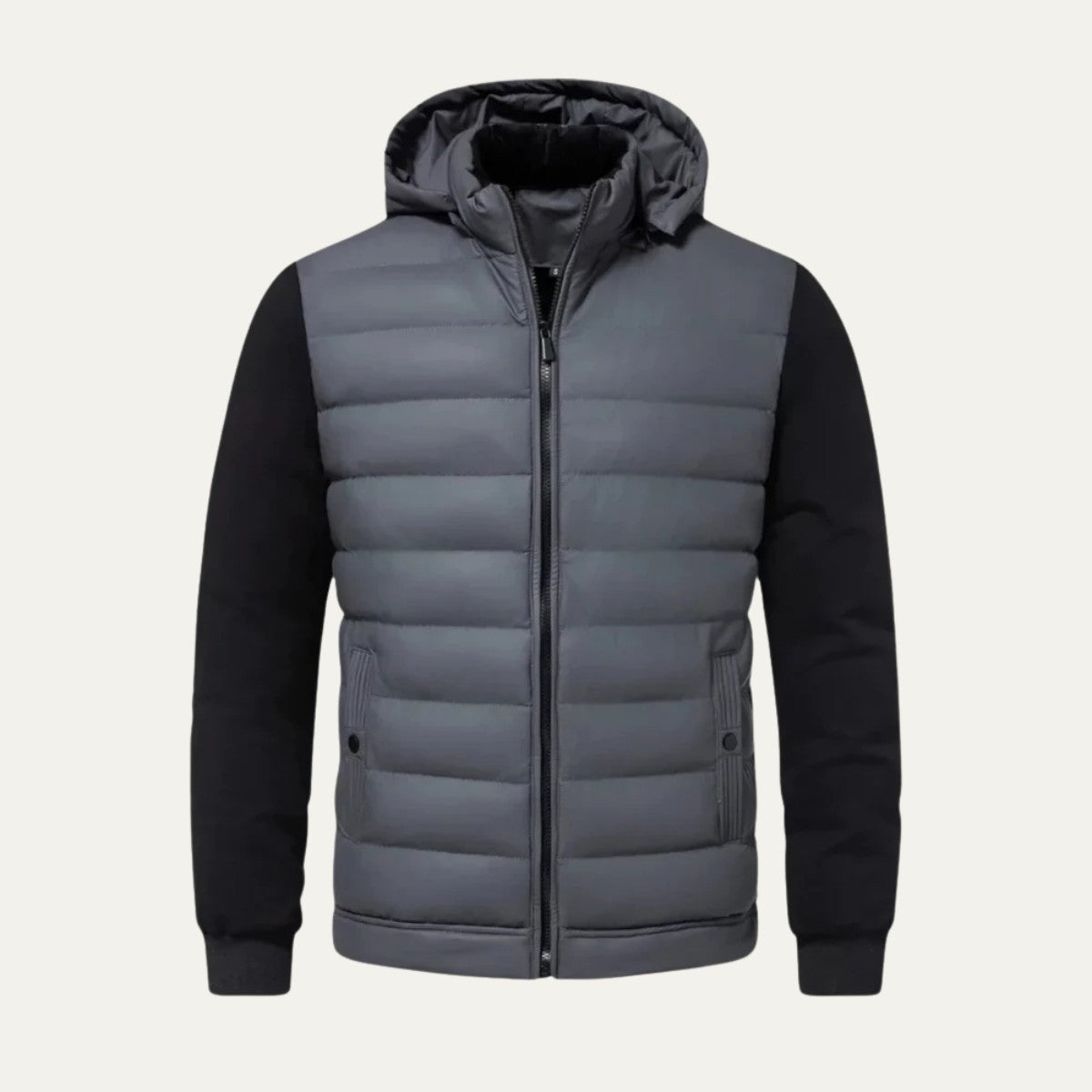 Herren-Hybridjacke mit gestepptem Vorderteil, Kapuze und Reißverschlusstaschen für den Winter in Grau