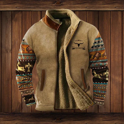 Herren-Jacke im Western-Stil mit Teddyfutter, Stehkragen und gemusterten Ärmeln in Hellbraun