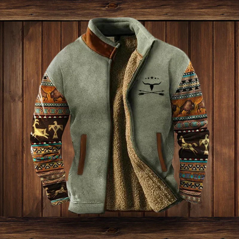 Herren-Jacke im Western-Stil mit Teddyfutter, Stehkragen und gemusterten Ärmeln in Grau