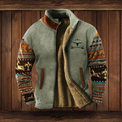 Herren-Jacke im Western-Stil mit Teddyfutter, Stehkragen und gemusterten Ärmeln in Grau