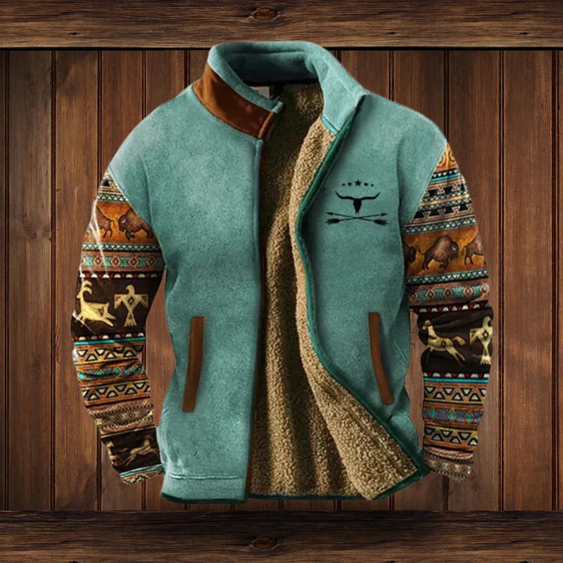 Herren-Jacke im Western-Stil mit Teddyfutter, Stehkragen und gemusterten Ärmeln in Hellblau