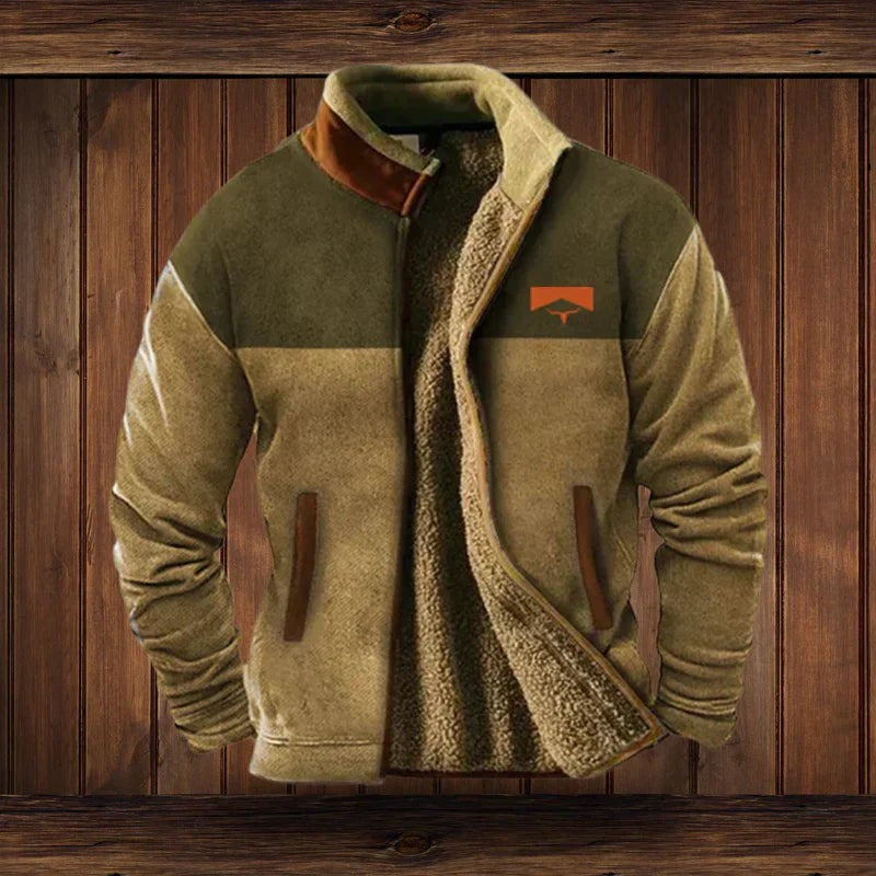 Herren-Jacke im Western-Stil mit Teddyfutter, Stehkragen und gemusterten Ärmeln in Braun