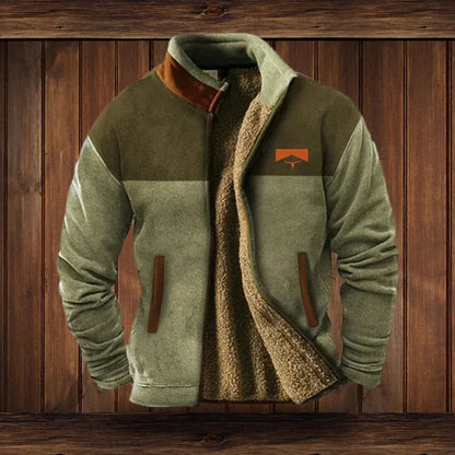 Herren-Jacke im Western-Stil mit Teddyfutter, Stehkragen und gemusterten Ärmeln in Grün