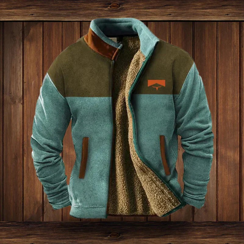 Herren-Jacke im Western-Stil mit Teddyfutter, Stehkragen und gemusterten Ärmeln in Blau