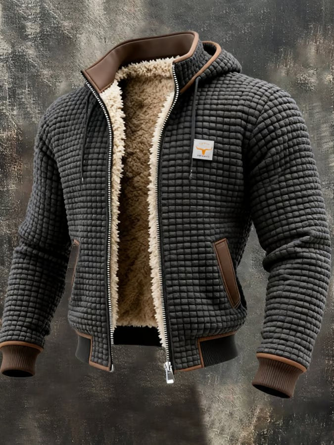 Herren-Jacke in Waffelstruktur mit Teddyfutter, Kapuze und Rippbündchen in Grau