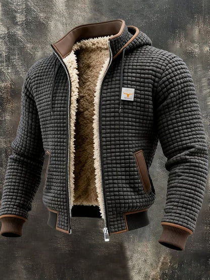 Herren-Jacke in Waffelstruktur mit Teddyfutter, Kapuze und Rippbündchen in Grau