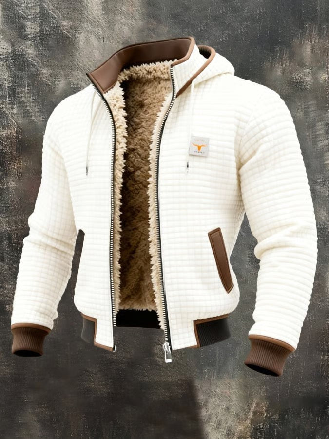 Herren-Jacke in Waffelstruktur mit Teddyfutter, Kapuze und Rippbündchen in Weiß