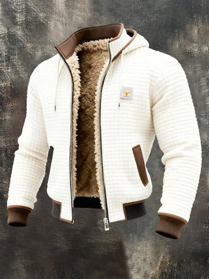 Herren-Jacke in Waffelstruktur mit Teddyfutter, Kapuze und Rippbündchen in Weiß