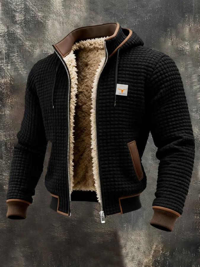 Herren-Jacke in Waffelstruktur mit Teddyfutter, Kapuze und Rippbündchen in Schwarz