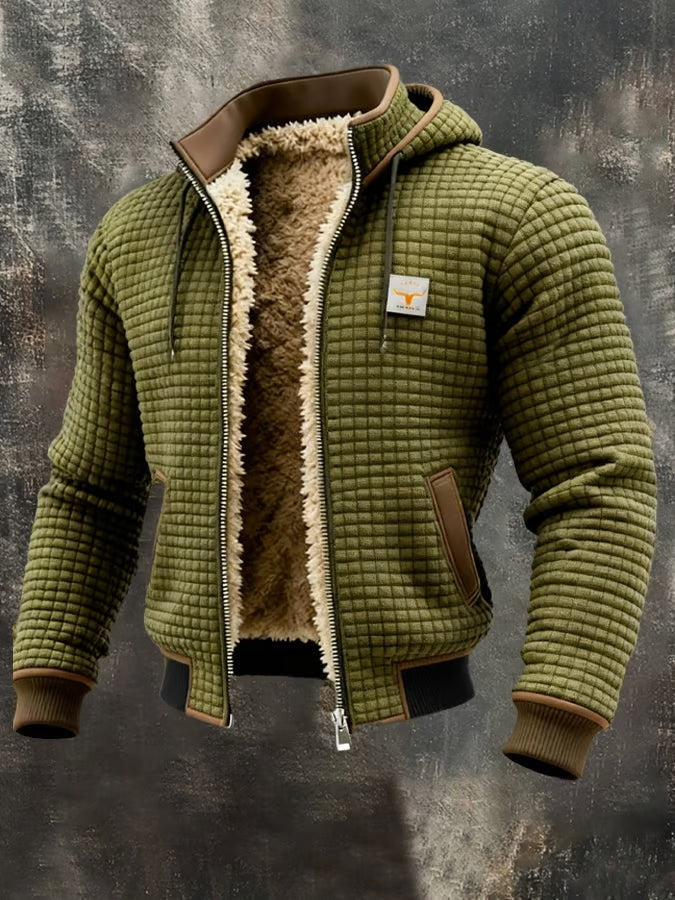 Herren-Jacke in Waffelstruktur mit Teddyfutter, Kapuze und Rippbündchen in Grün