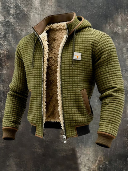 Herren-Jacke in Waffelstruktur mit Teddyfutter, Kapuze und Rippbündchen in Grün