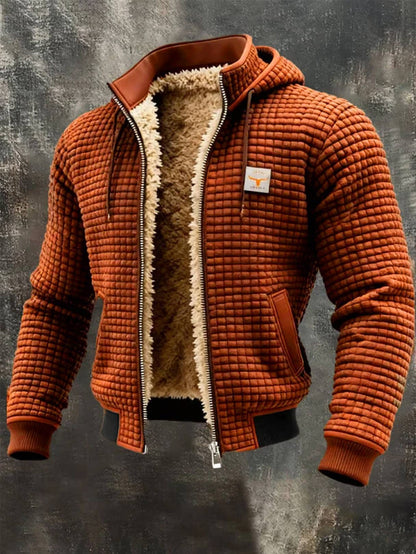 Herren-Jacke in Waffelstruktur mit Teddyfutter, Kapuze und Rippbündchen in Braun