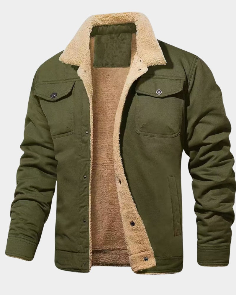 Herren-Jacke mit Teddyfutter, Teddykragen und Brusttaschen mit Patte in Grün