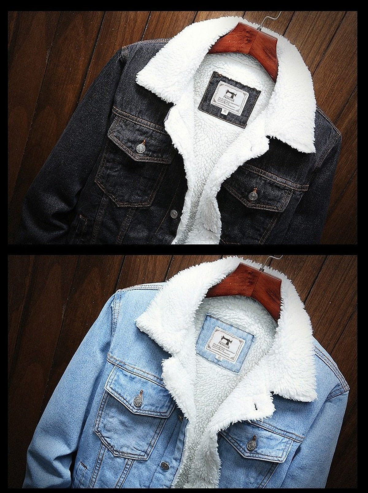 Herren-Jeansjacke mit Teddyfutter, Teddykragen und Brusttaschen im Trucker-Stil, Ansicht 8
