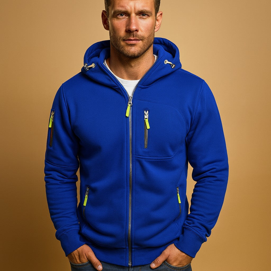 Herren-Kapuzenjacke mit Reißverschlusstaschen und verstellbarer Kapuze in Blau