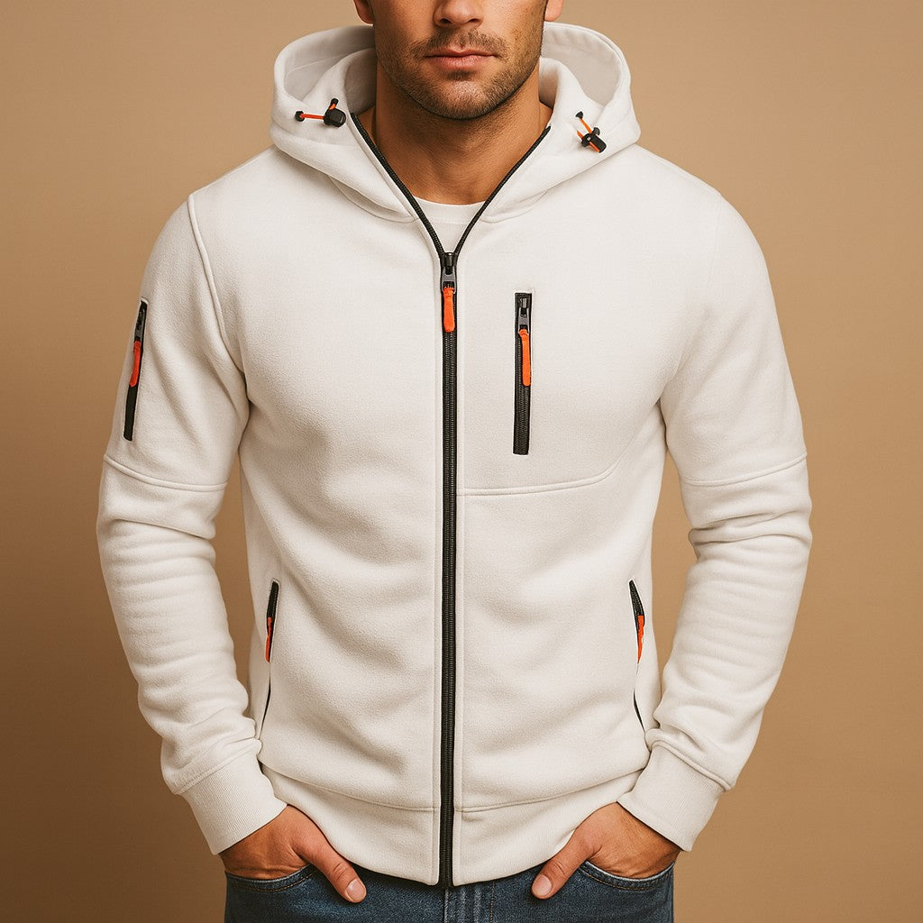 Herren-Kapuzenjacke mit Reißverschlusstaschen und verstellbarer Kapuze in Weiß