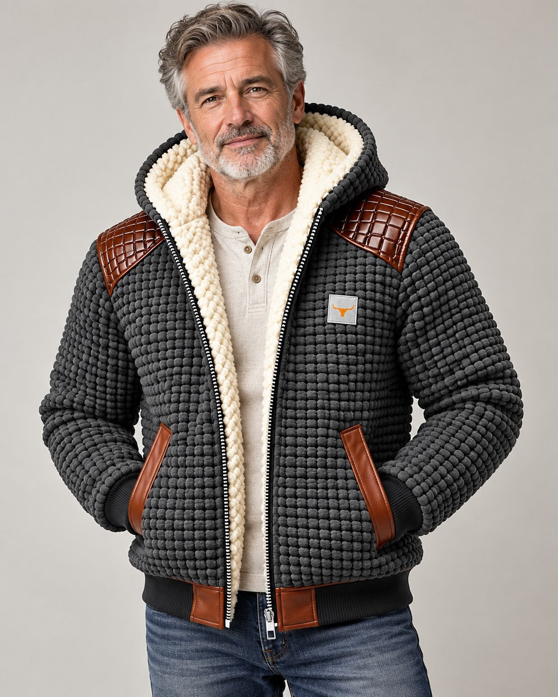 Herren-Kapuzenjacke mit Teddyfutter, Waffelstruktur und gesteppten Schulterbesätzen in Grau