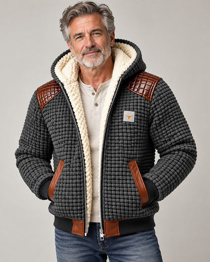 Herren-Kapuzenjacke mit Teddyfutter, Waffelstruktur und gesteppten Schulterbesätzen in Grau