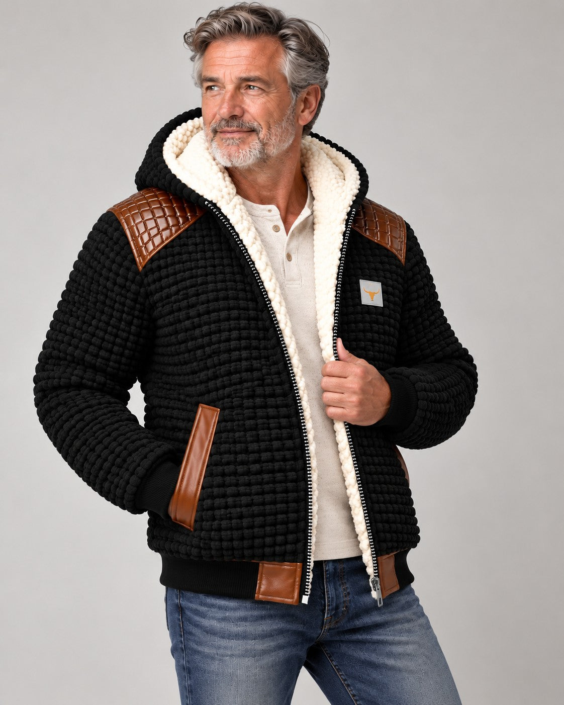 Herren-Kapuzenjacke mit Teddyfutter, Waffelstruktur und gesteppten Schulterbesätzen in Schwarz