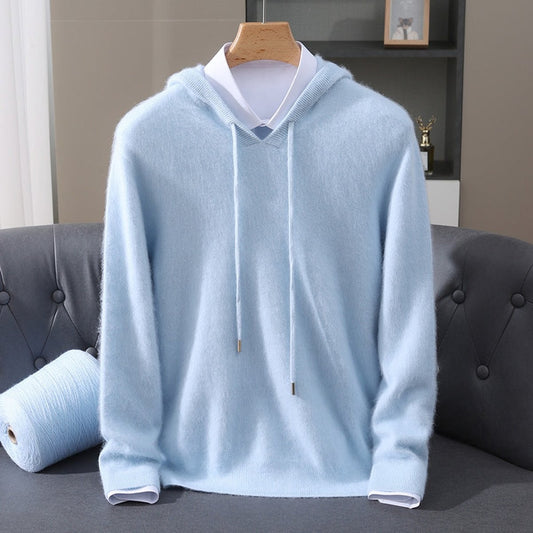 Herren-Kaschmirpullover mit Kapuze, Kordelzug und V-Ausschnitt in Blau