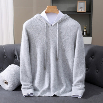 Herren-Kaschmirpullover mit Kapuze, Kordelzug und V-Ausschnitt in Grau