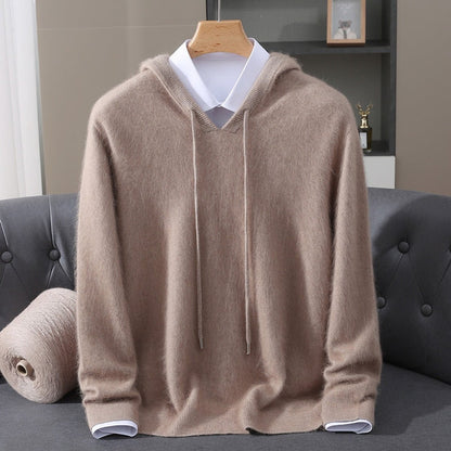 Herren-Kaschmirpullover mit Kapuze, Kordelzug und V-Ausschnitt in Camel