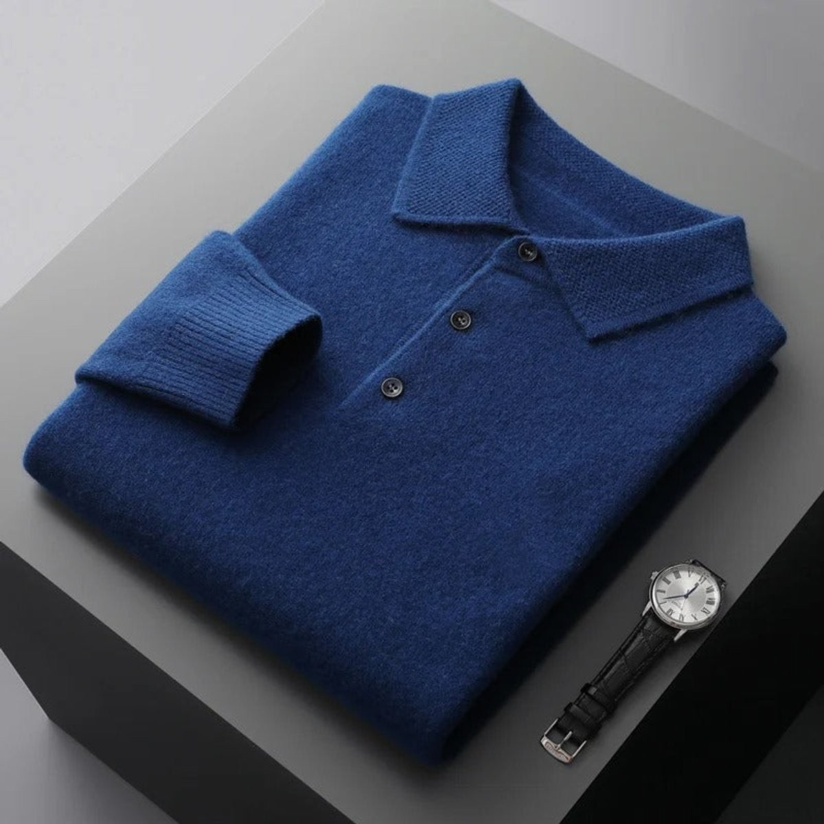Herren-Kaschmirpullover mit Polokragen und Knopfleiste für Büro und Freizeit in Navyblau