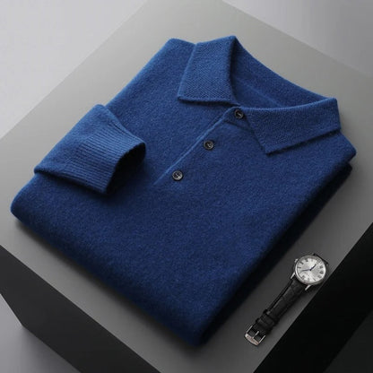 Herren-Kaschmirpullover mit Polokragen und Knopfleiste für Büro und Freizeit in Navyblau