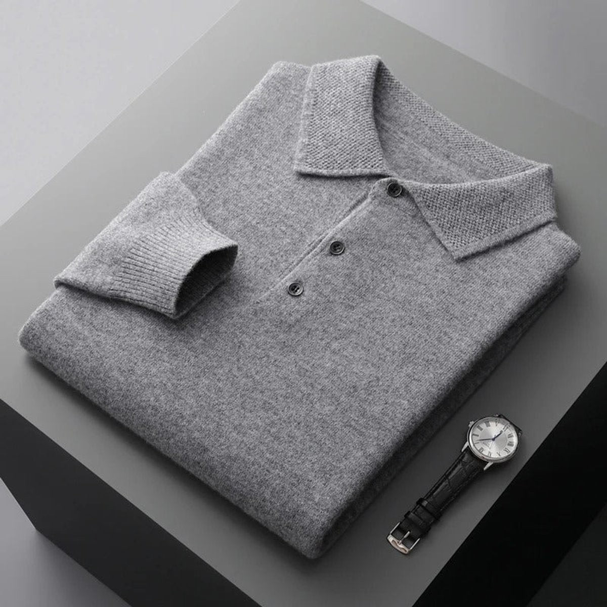 Herren-Kaschmirpullover mit Polokragen und Knopfleiste für Büro und Freizeit in Grau