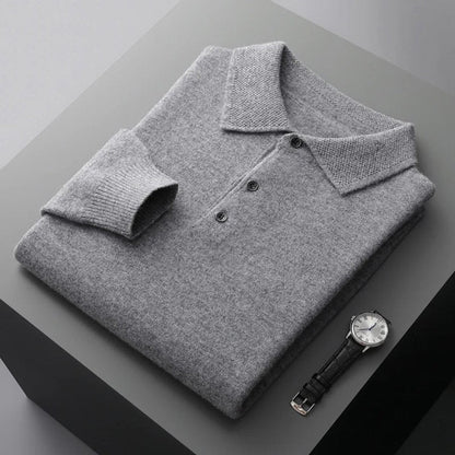 Herren-Kaschmirpullover mit Polokragen und Knopfleiste für Büro und Freizeit in Grau