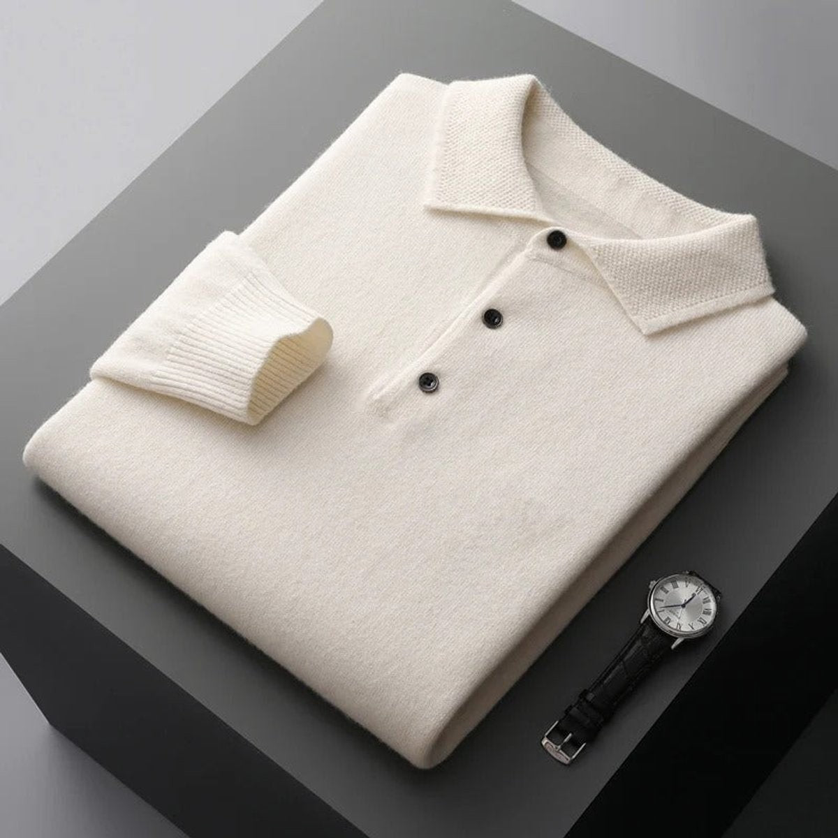 Herren-Kaschmirpullover mit Polokragen und Knopfleiste für Büro und Freizeit in Weiß