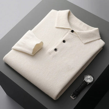 Herren-Kaschmirpullover mit Polokragen und Knopfleiste für Büro und Freizeit in Weiß