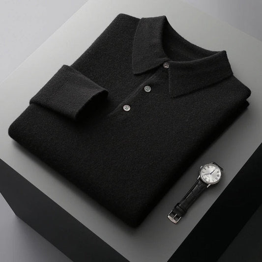 Herren-Kaschmirpullover mit Polokragen und Knopfleiste für Büro und Freizeit in Schwarz