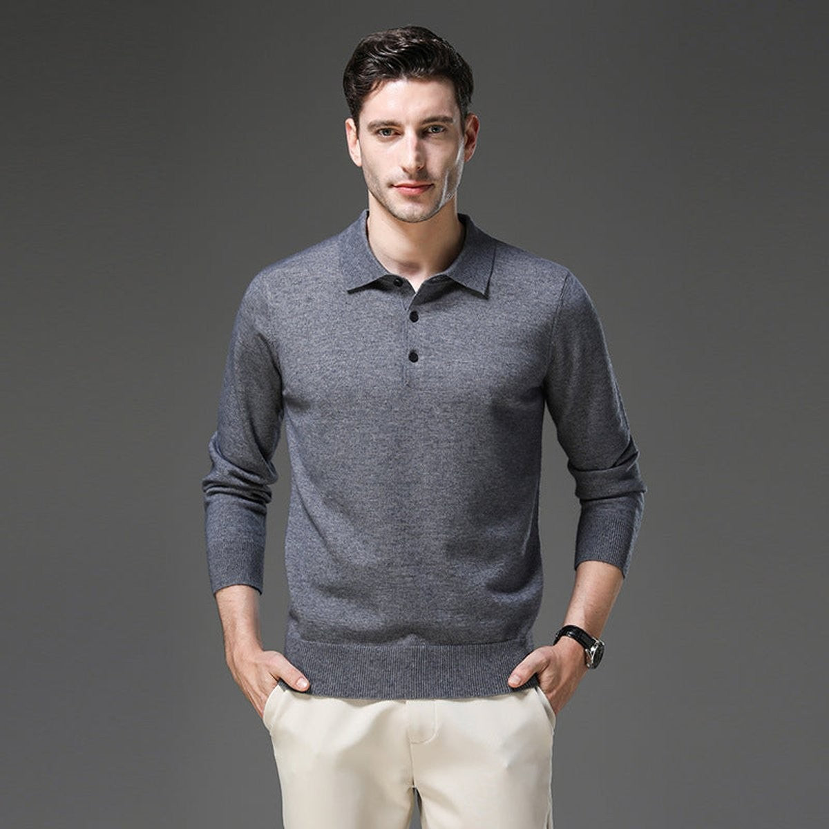 Herren-Kaschmirpullover mit Polokragen und Knopfleiste für Büro und Freizeit, Ansicht 6