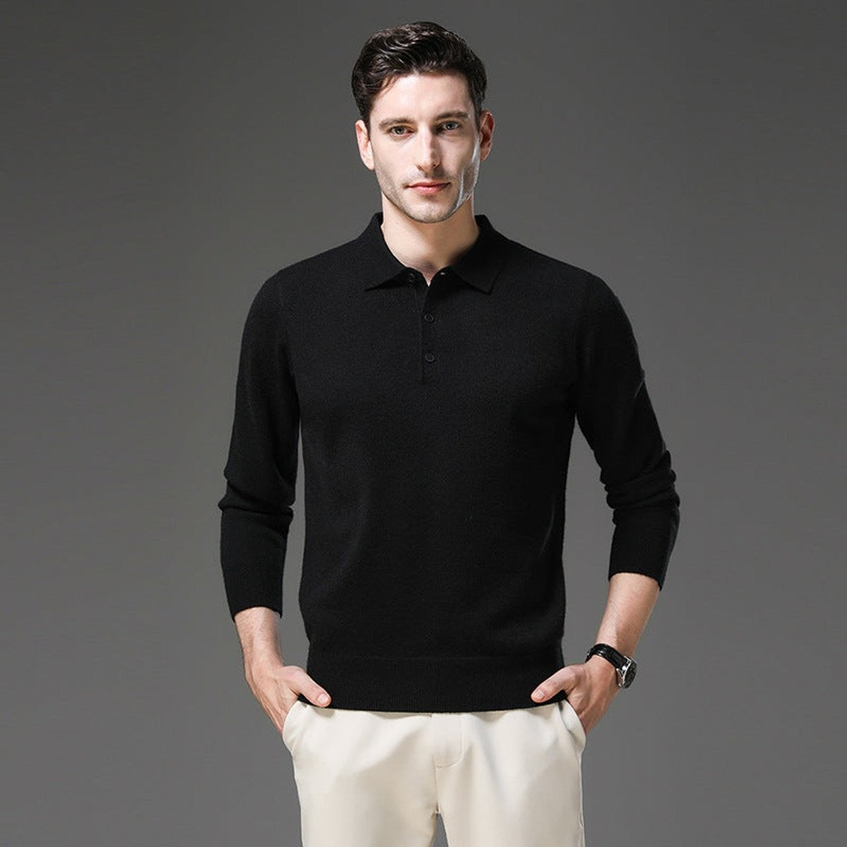 Herren-Kaschmirpullover mit Polokragen und Knopfleiste für Büro und Freizeit, Ansicht 8