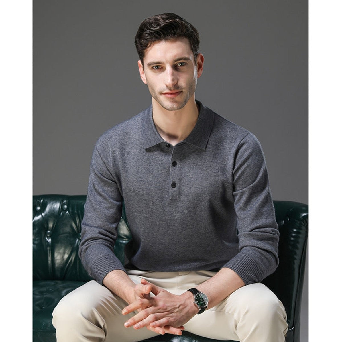Herren-Kaschmirpullover mit Polokragen und Knopfleiste für Büro und Freizeit, Ansicht 14