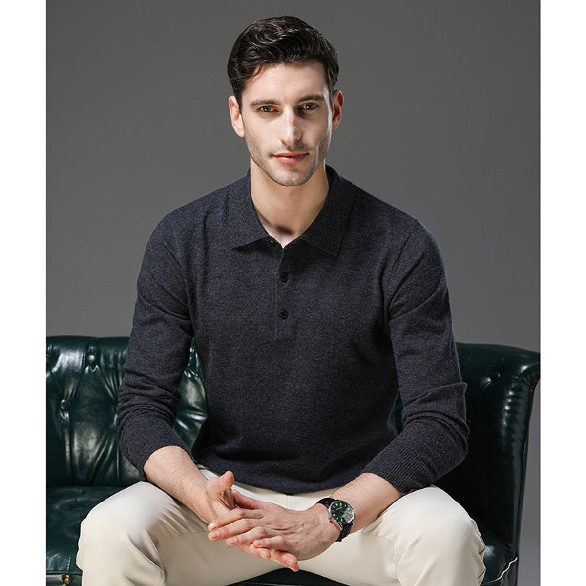 Herren-Kaschmirpullover mit Polokragen und Knopfleiste für Büro und Freizeit, Ansicht 15