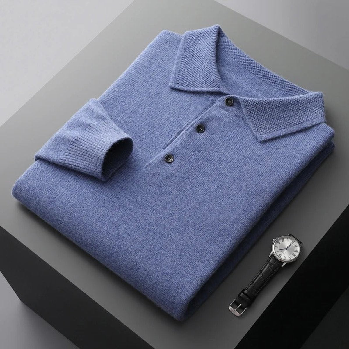 Herren-Kaschmirpullover mit Polokragen und Knopfleiste für Büro und Freizeit in Blau