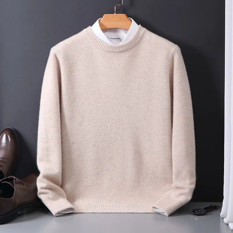 Herren-Kaschmirpullover mit Rundhalsausschnitt und Rippbündchen in Beige