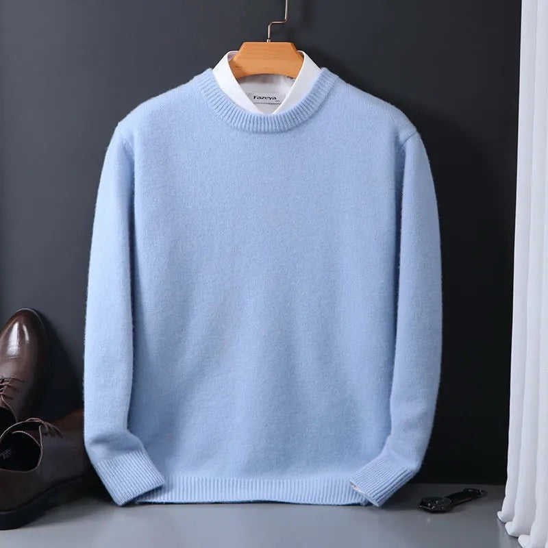 Herren-Kaschmirpullover mit Rundhalsausschnitt und Rippbündchen in Hellblau