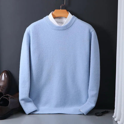 Herren-Kaschmirpullover mit Rundhalsausschnitt und Rippbündchen in Hellblau